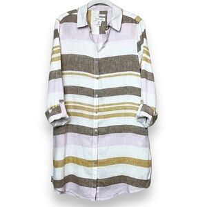 Rachel Zoe 100% linen‎ button front tunic top S shirt neutral stripe long sleeve